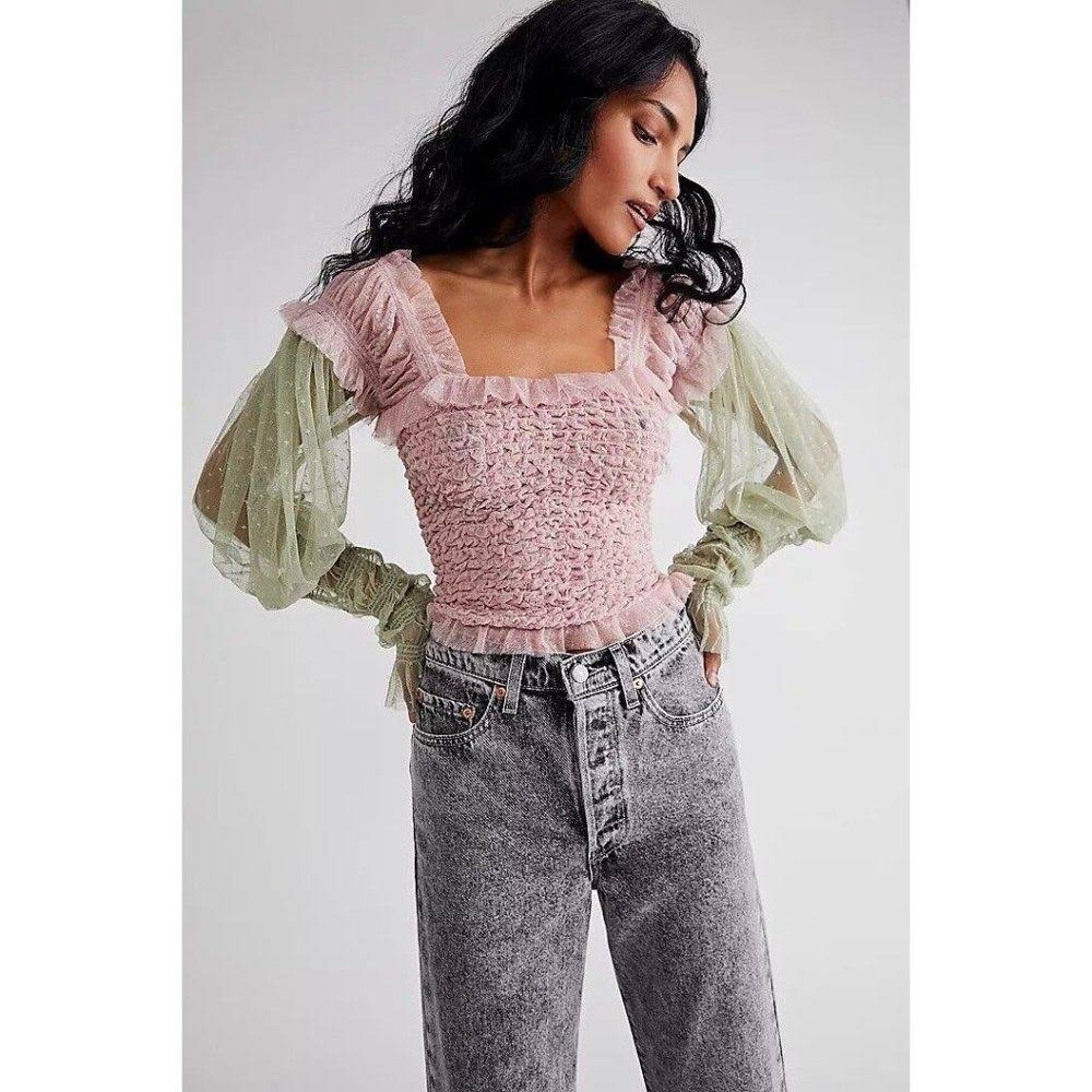 Free People Nothing Sweeter Lace Long Sleeve Small green pink